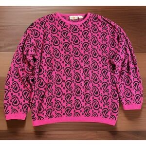 Vintage EVE LTD Magenta Pink paisley print knit retro pullover sweater size 42 L